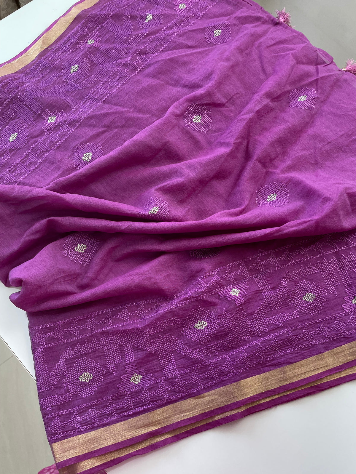 Mallepuvvu – Purple Mulmul Unstitched Suit Set