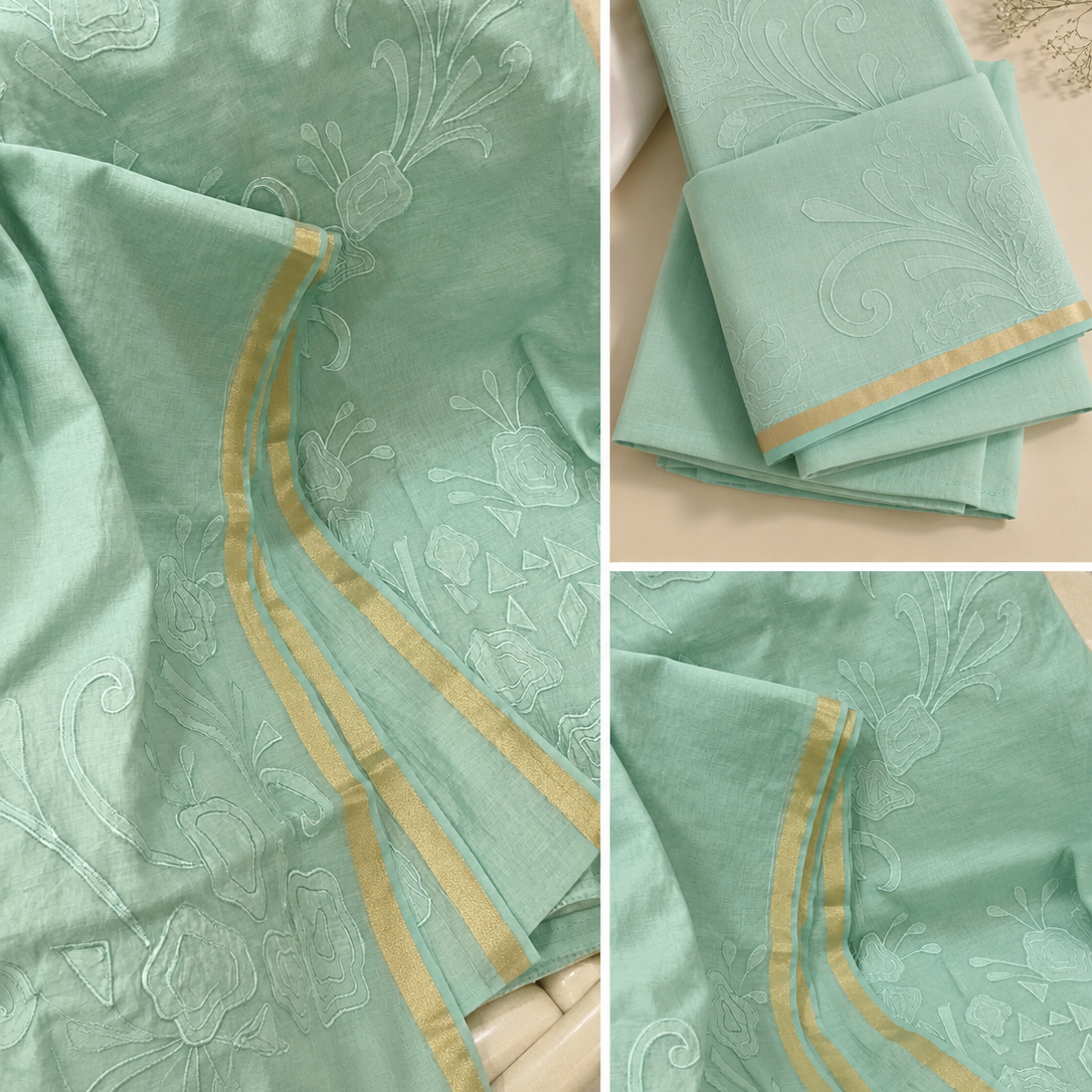 Chandrakala – Seafoam Green Mul Chanderi Appliqué Unstitched Suit Set