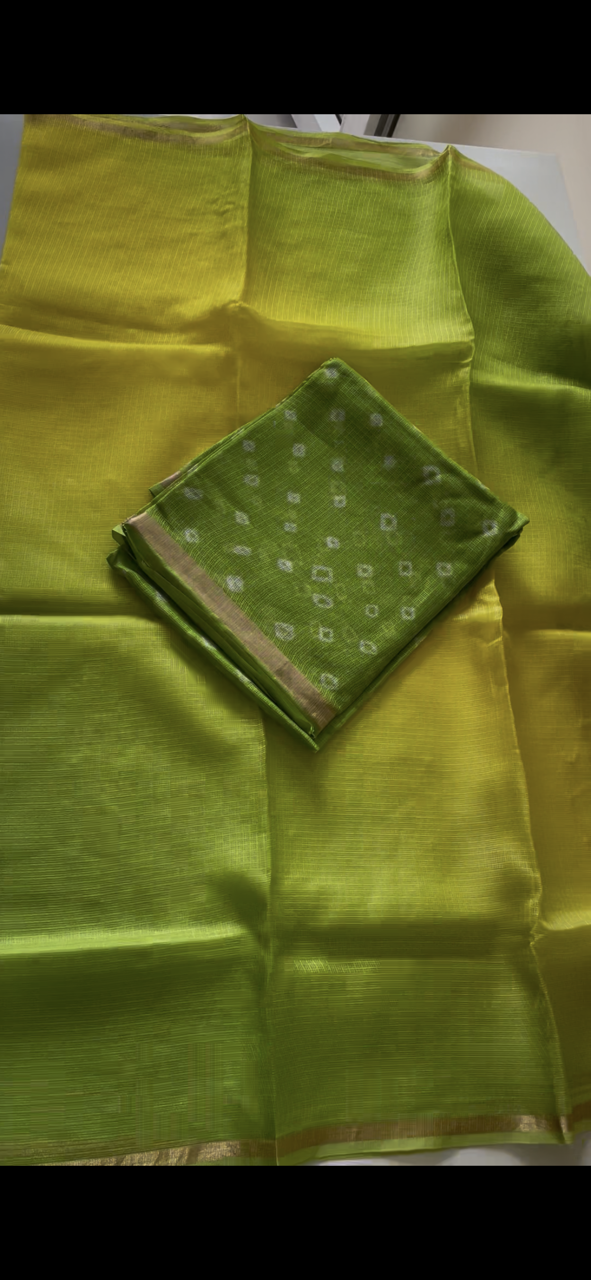 Komala — Green & Lemon Yellow Ombre Silk Kota Bandhani Unstitched Set