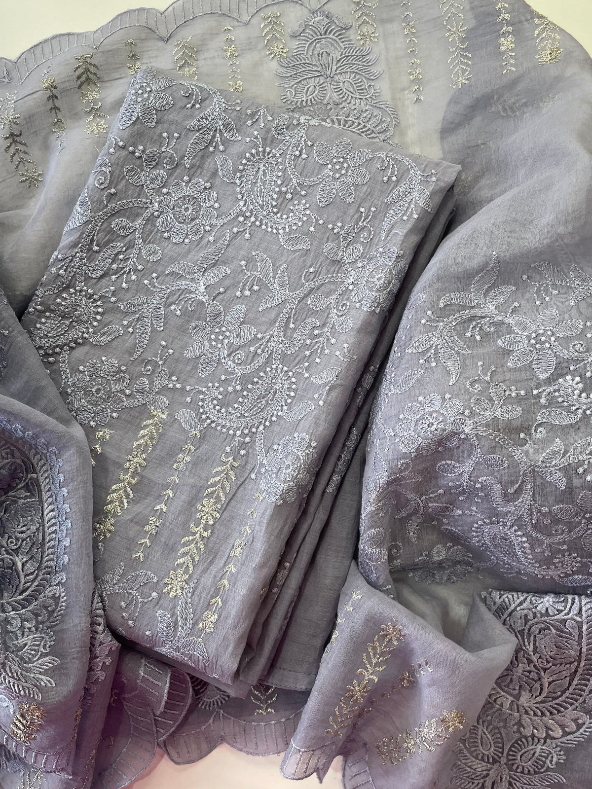 Mallepuvvu - Grey Lavender Chikankari Mulmul Unstitched Suit Set