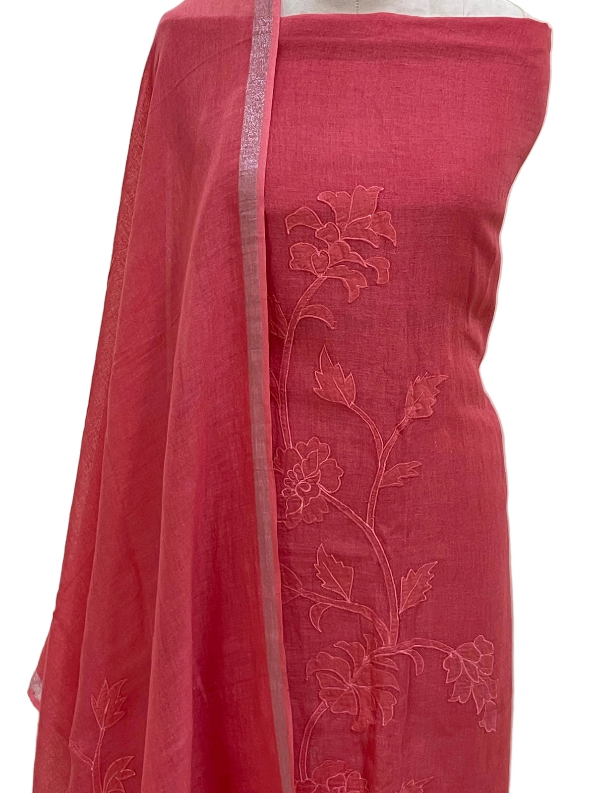 Lila — Coral Linen Appliqué Unstitched Suit Set