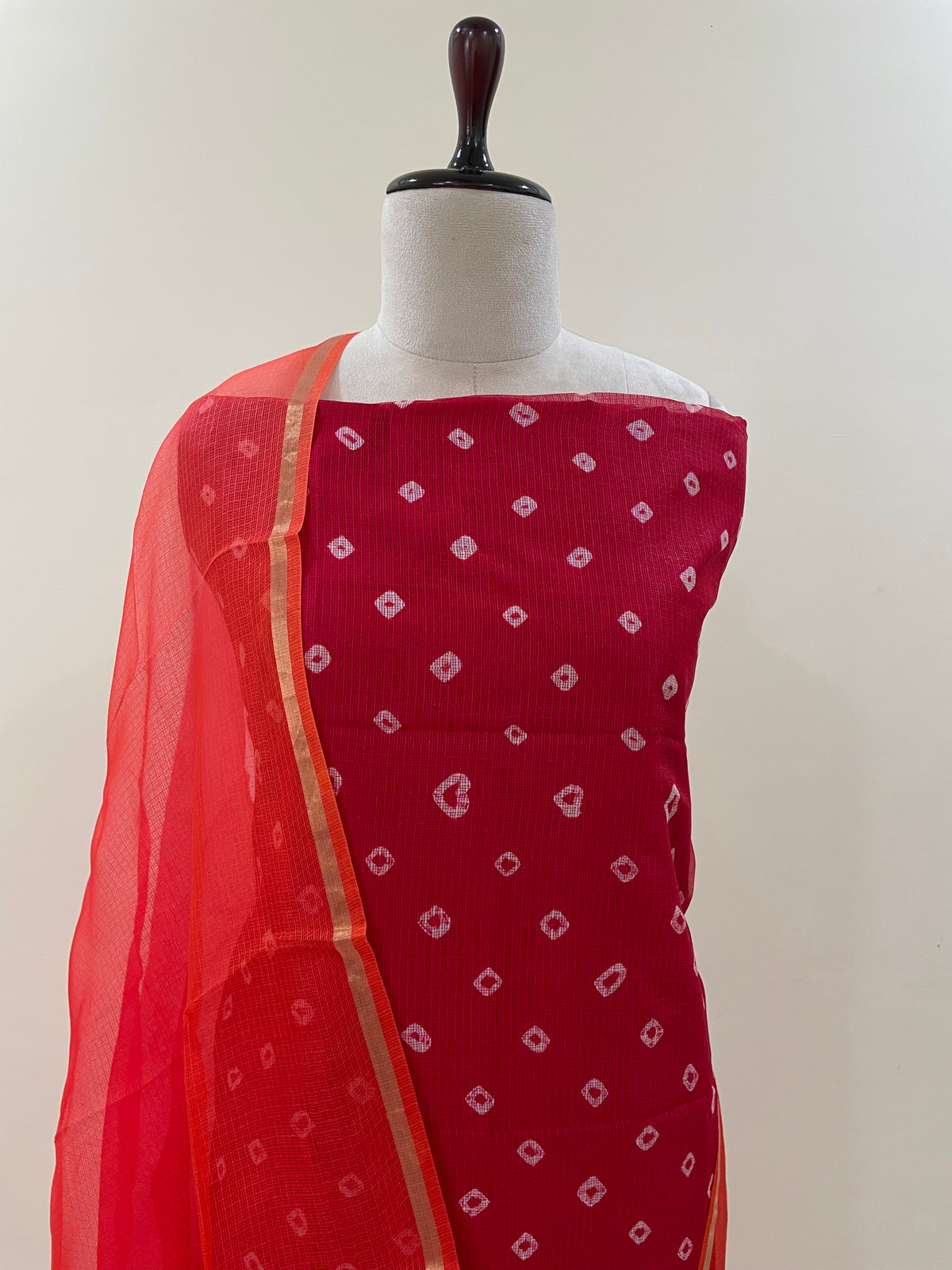 Komala — Red & Rani Pink Ombré Bandhani Silk Kota Unstitched Suit Set