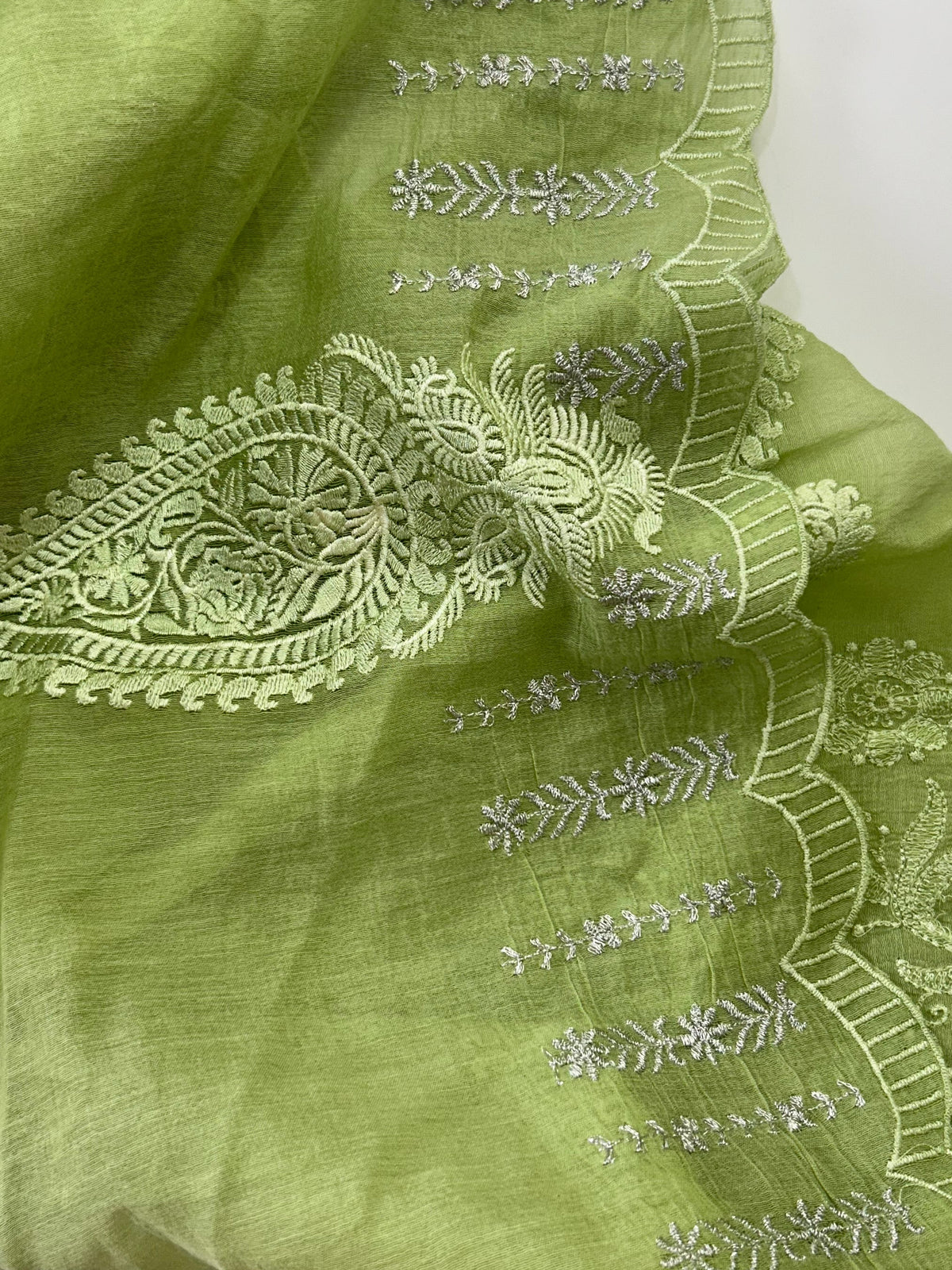 Mallepuvvu - Pistachio Green Chikankari Mulmul Unstitched Suit Set