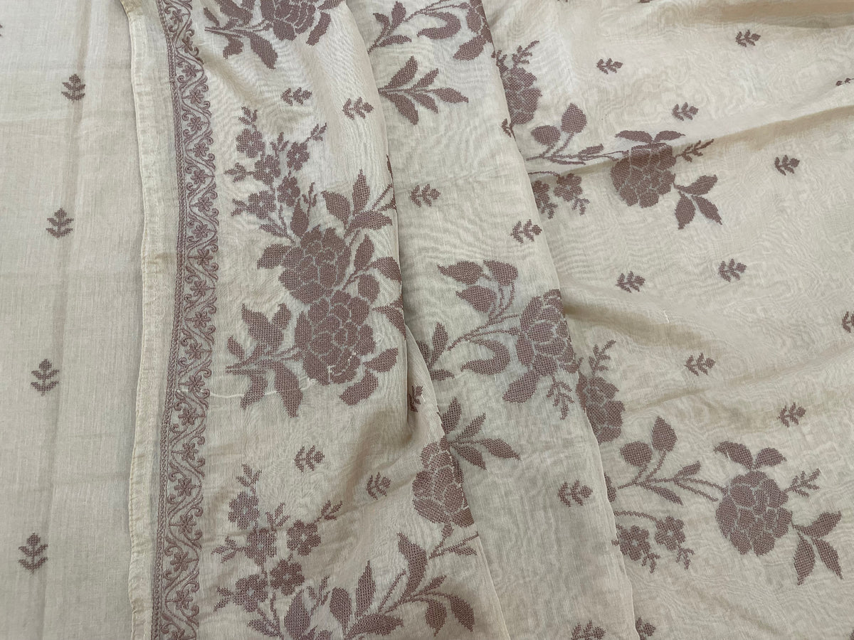 Mallepuvvu – Ivory & Mocha Brown Mulmul Unstitched Suit Set