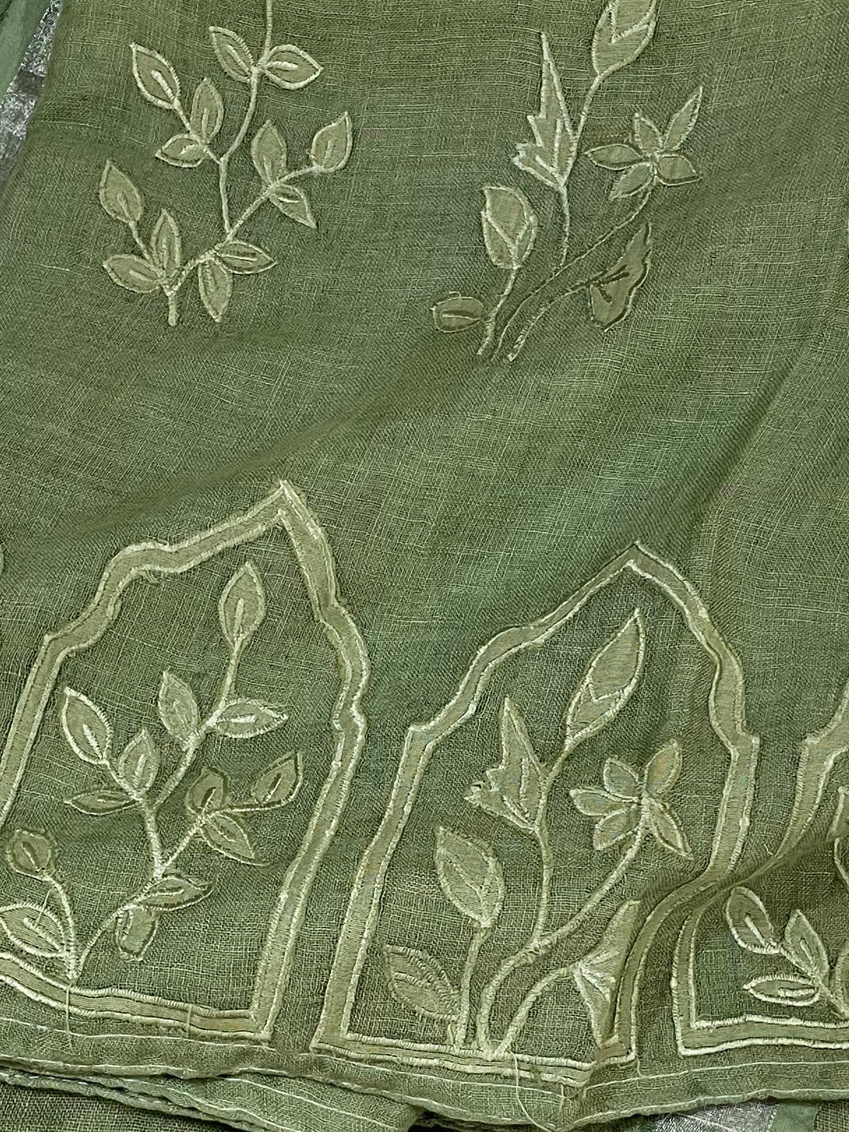 Lila — Sage Green Linen Appliqué Unstitched Suit Set