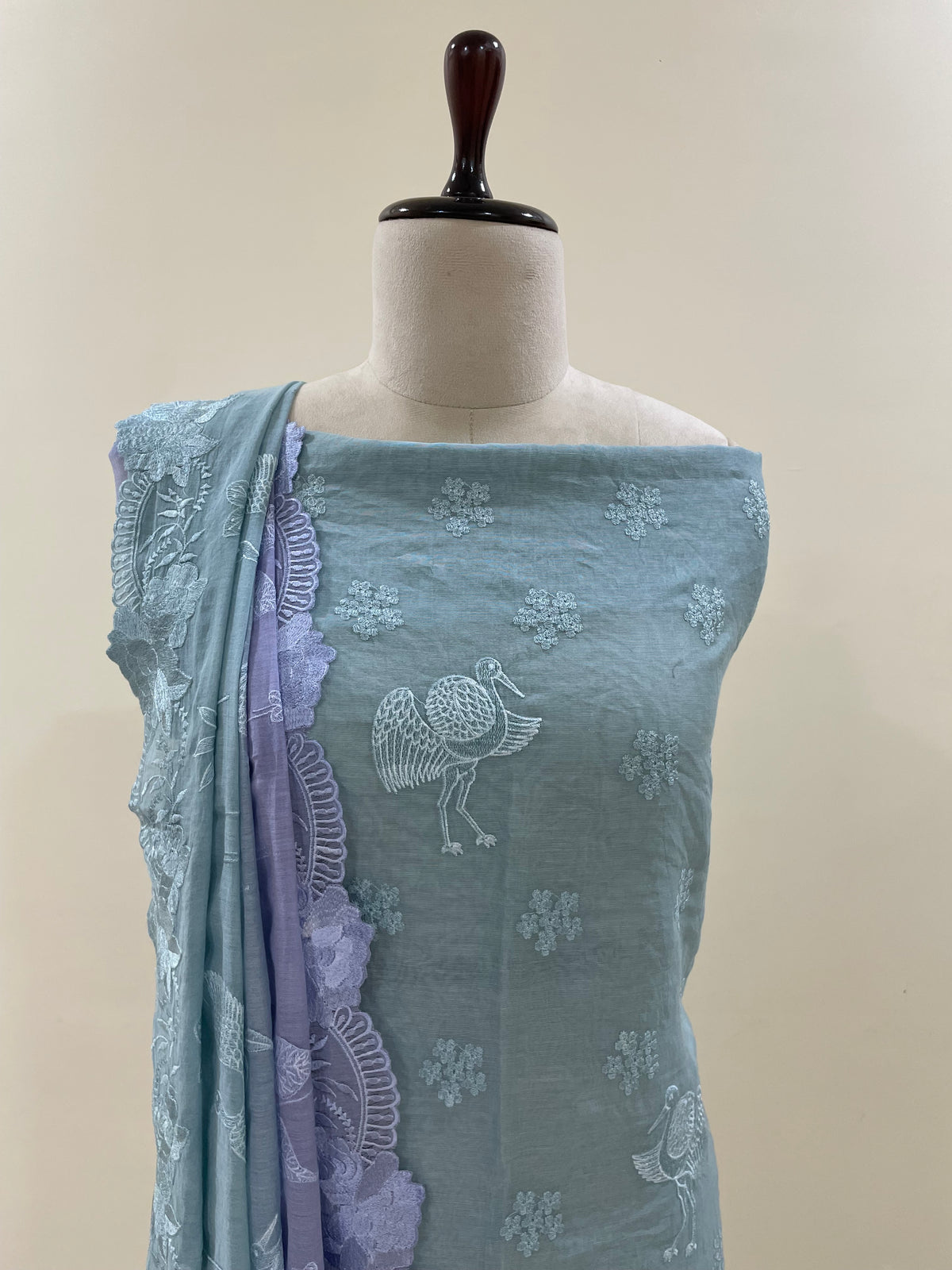 Mallepuvvu – Powder Blue & Lilac Mulmul Unstitched Suit Set