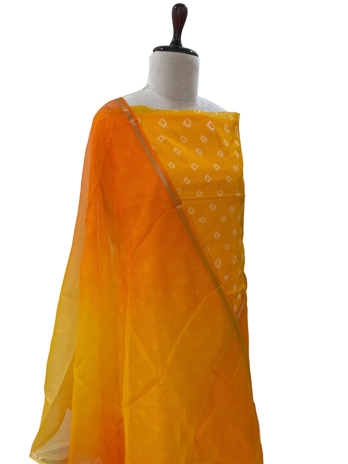 Komala – Marigold Yellow & Orange Ombre Silk Kota Unstitched Suit Set