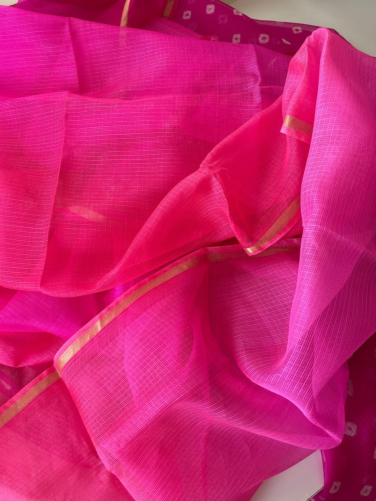 Komala – Rani Pink Pure Silk Kota Bandhani Set with Ombré Dupatta