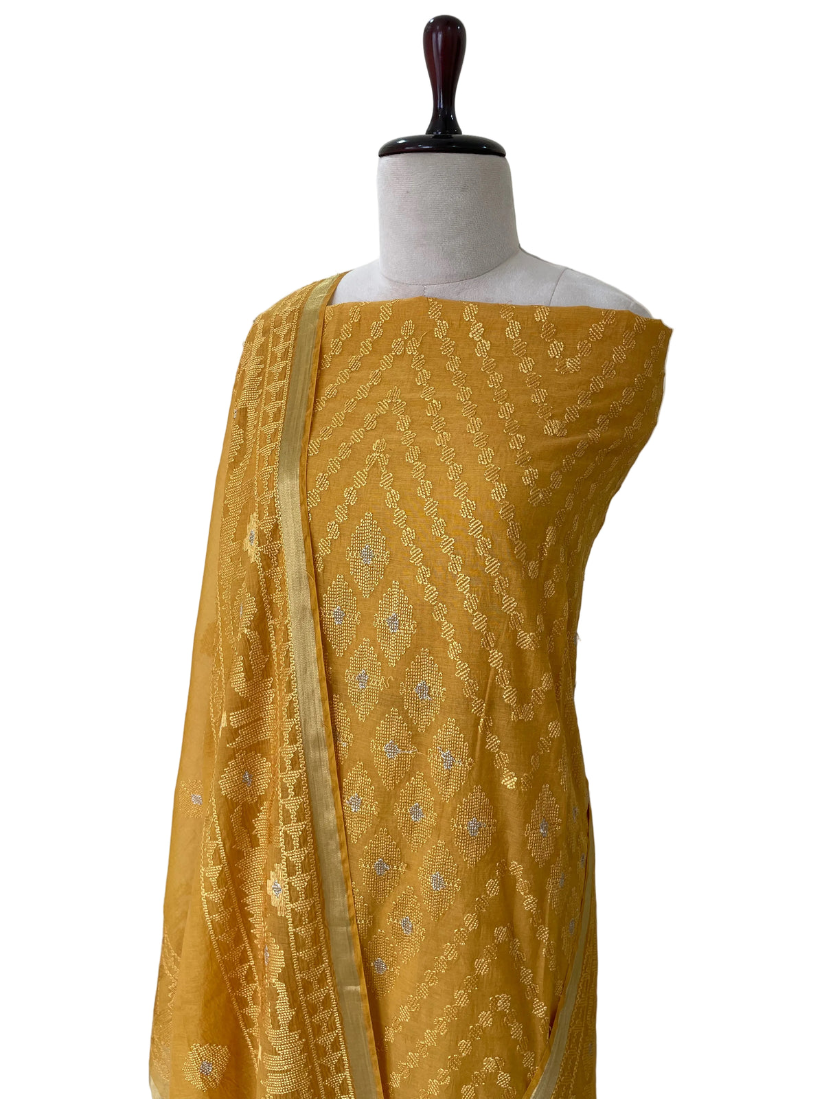 Mallepuvvu – Mustard Yellow Mulmul Unstitched Suit Set