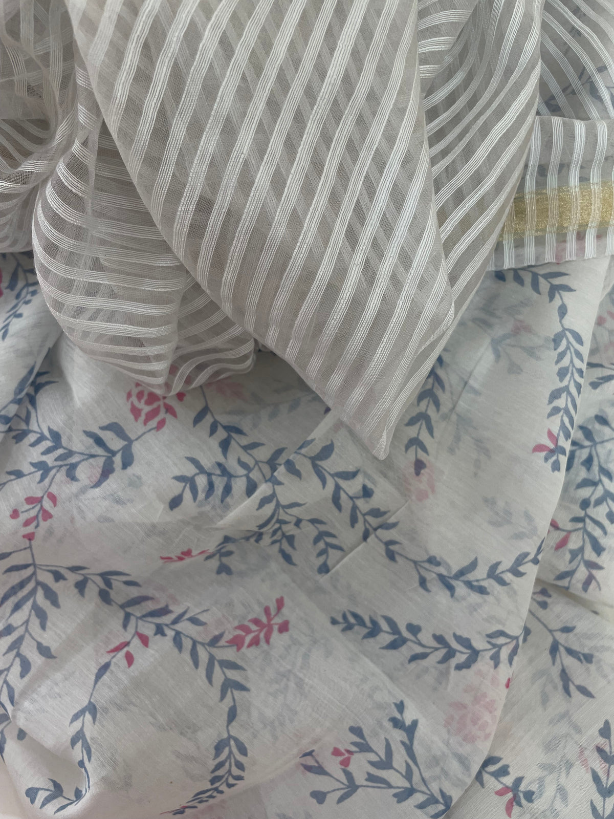 Mallepuvvu – Powder Blue Printed Mulmul Unstitched Suit Set