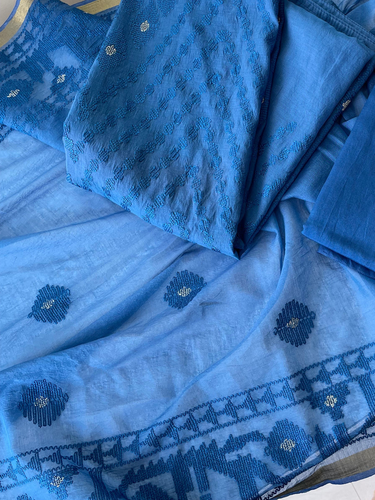 Mallepuvvu – Blue Mulmul Unstitched Suit Set