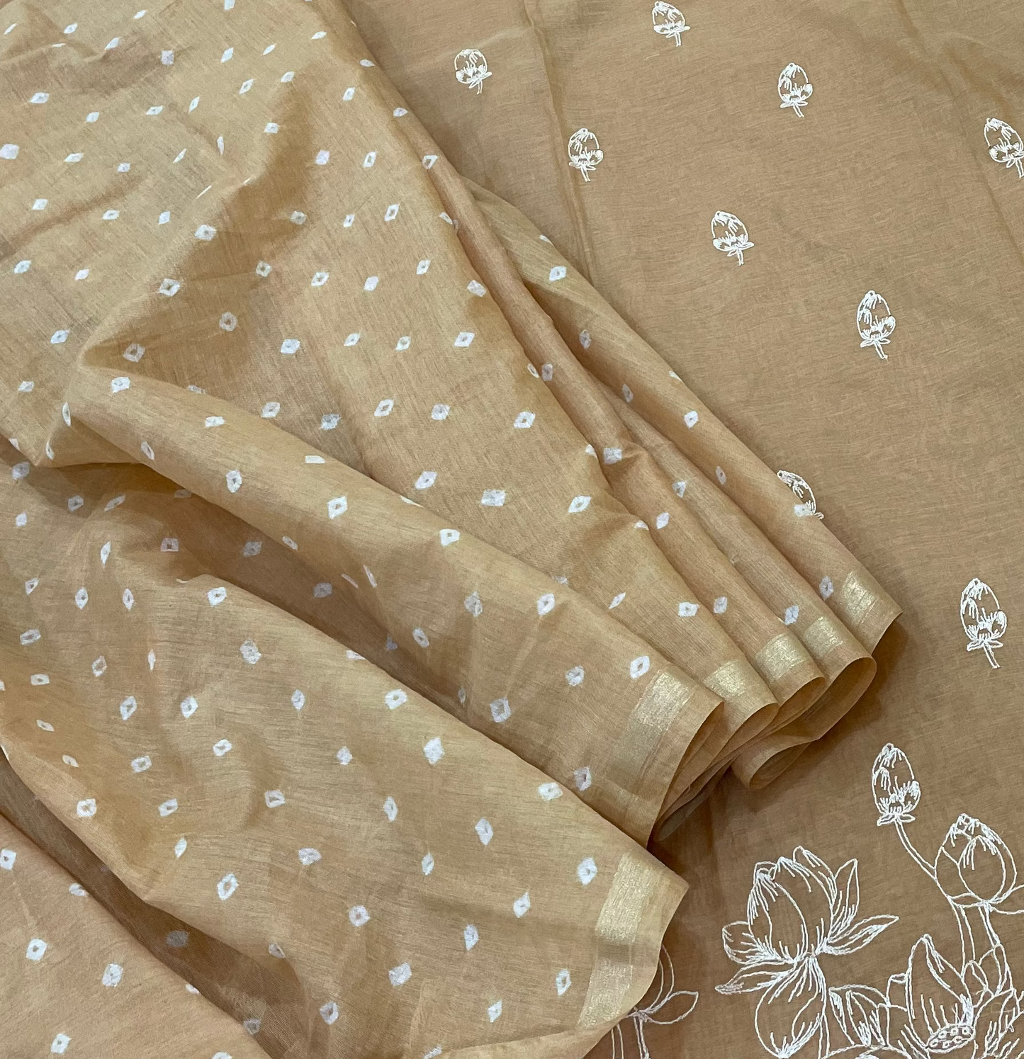 Chandrakala – Beige Mul Chanderi Bandhani Unstitched Suit Set