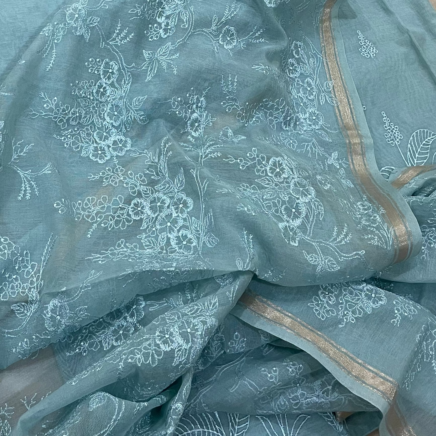 Chandrakala – Powder Aqua Mul Chanderi Unstitched Suit Set