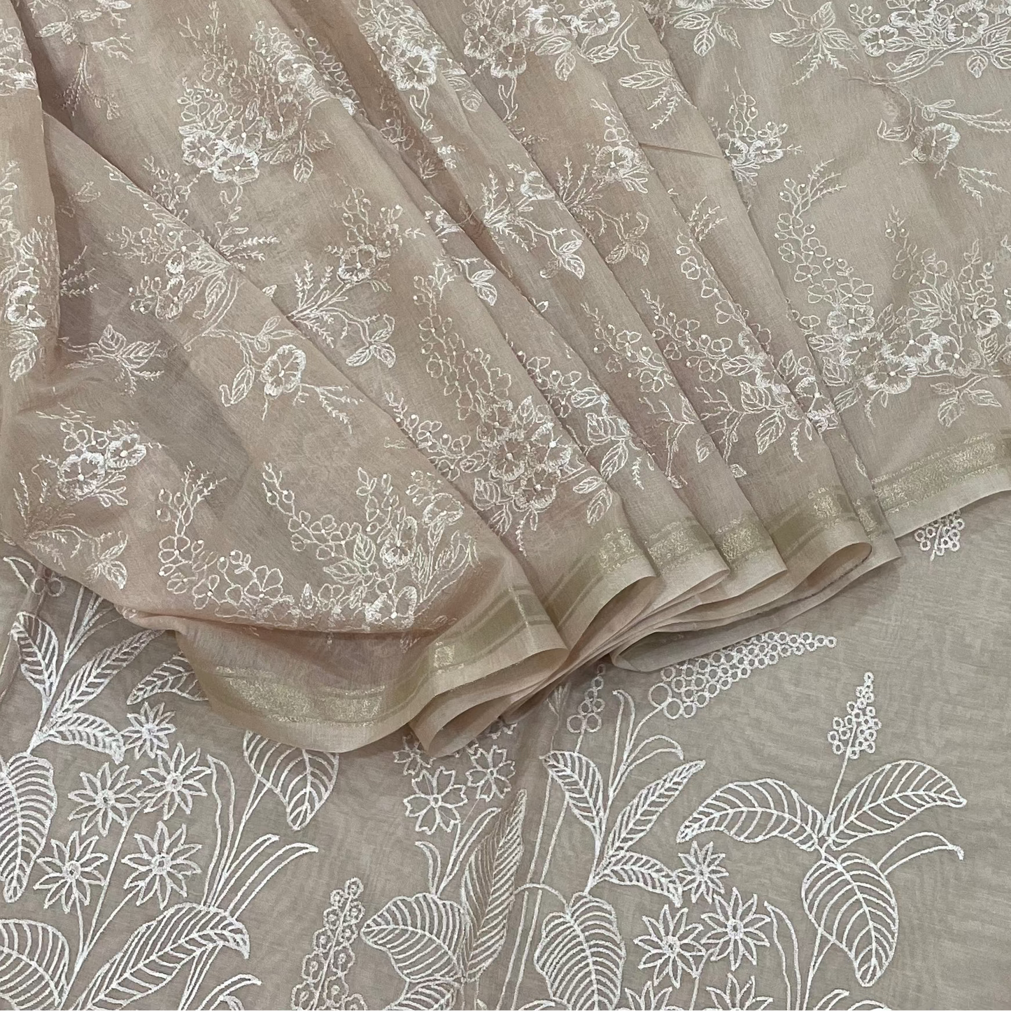 Chandrakala – Champagne Beige Mul Chanderi Unstitched Suit Set