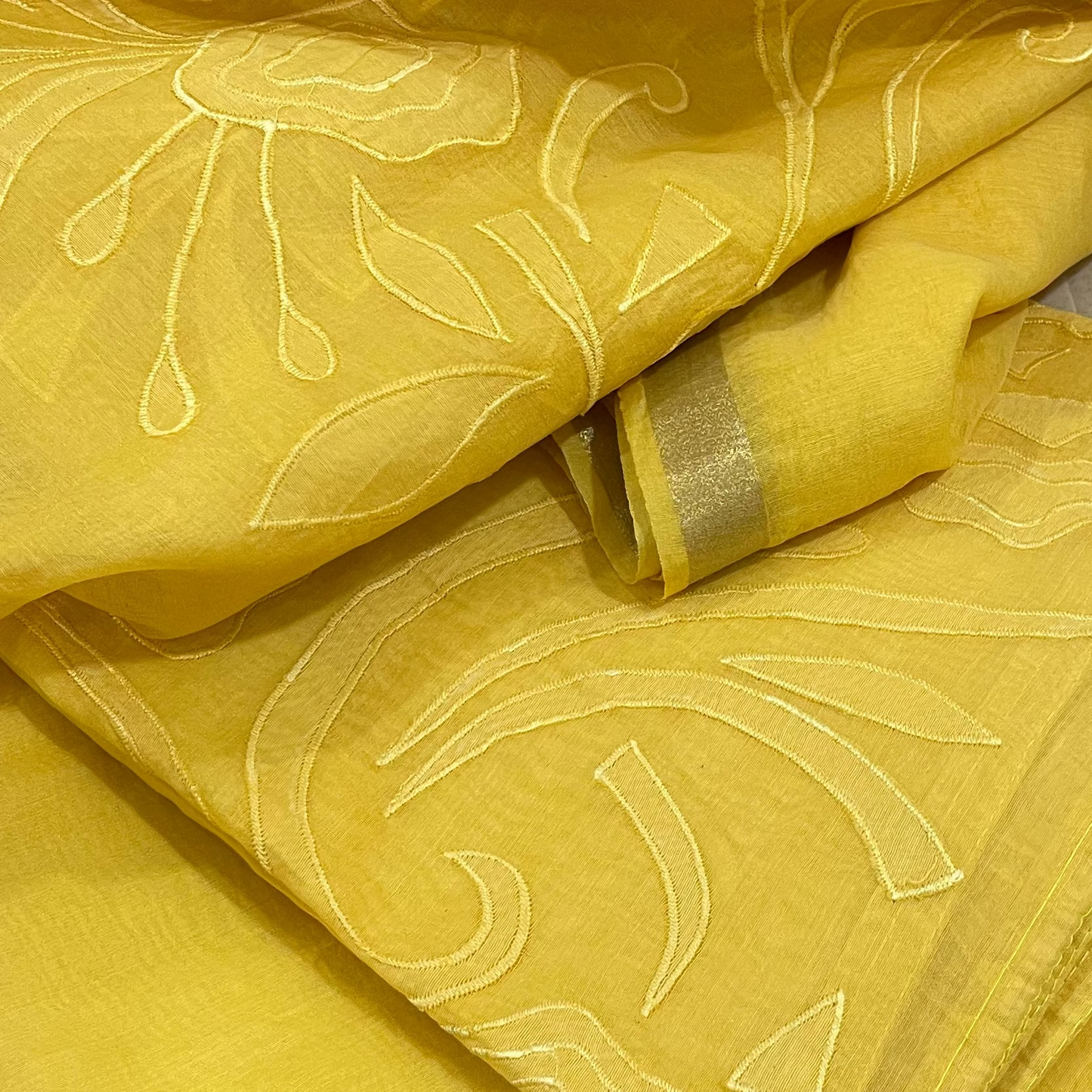 Chandrakala – Yellow Mul Chanderi Applique Unstitched Suit Set