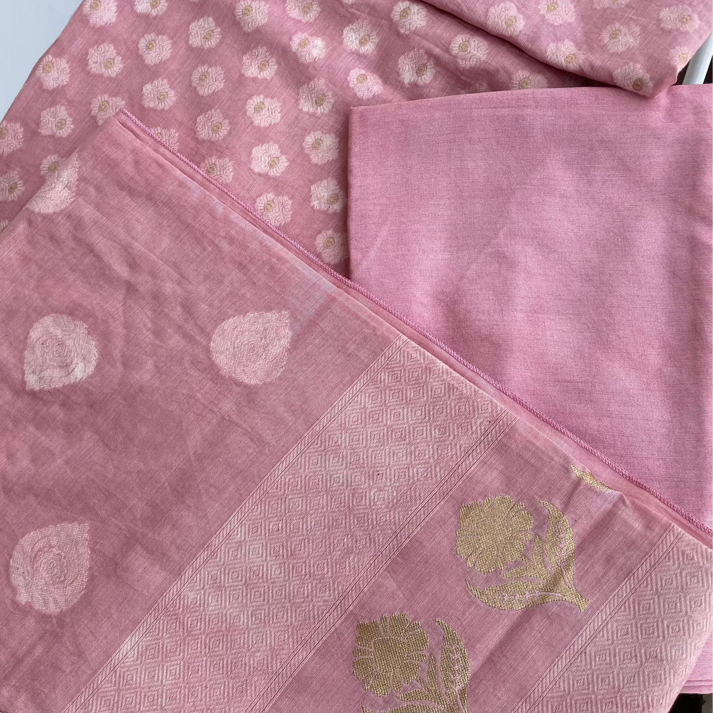 Chandrakala – Onion Pink Banarasi Mul Cotton Unstitched Suit Set