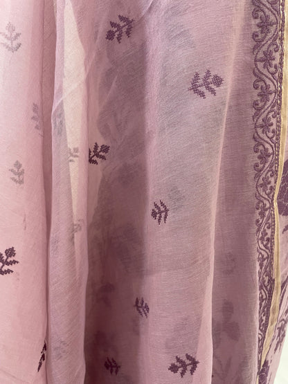 Mallepuvvu – Dusty Pink and Plum Mulmul Unstitched Suit Set