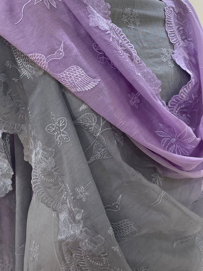 Mallepuvvu – Dove Grey & Lilac Mulmul Unstitched Suit Set