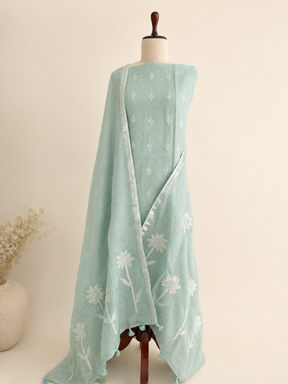 Lila Seafoam Green linen applique unstitched suit set by Aura