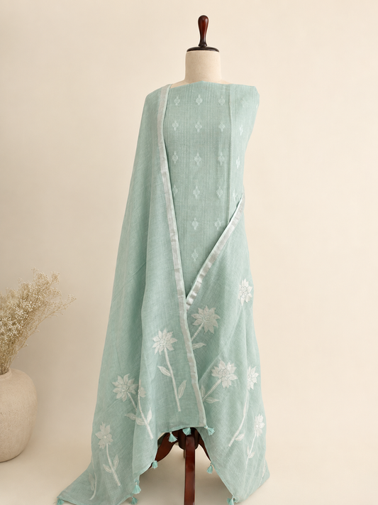 Lila Seafoam Green linen applique unstitched suit set by Aura