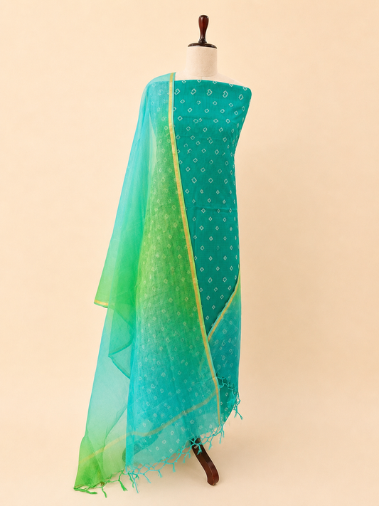 Komala Emerald Green and Aqua pure silk Kota Bandhani unstitched suit set by Aura