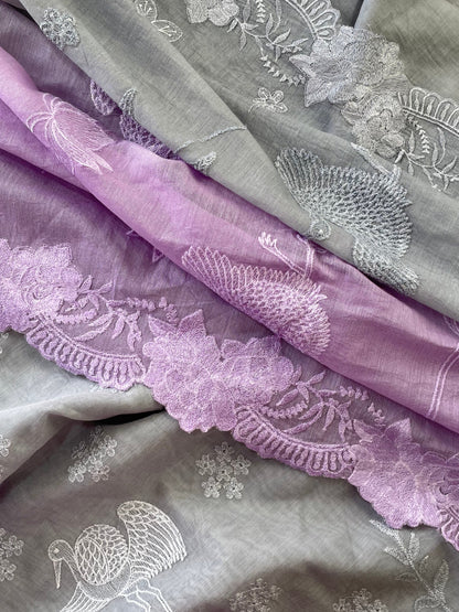 Mallepuvvu – Dove Grey & Lilac Mulmul Unstitched Suit Set
