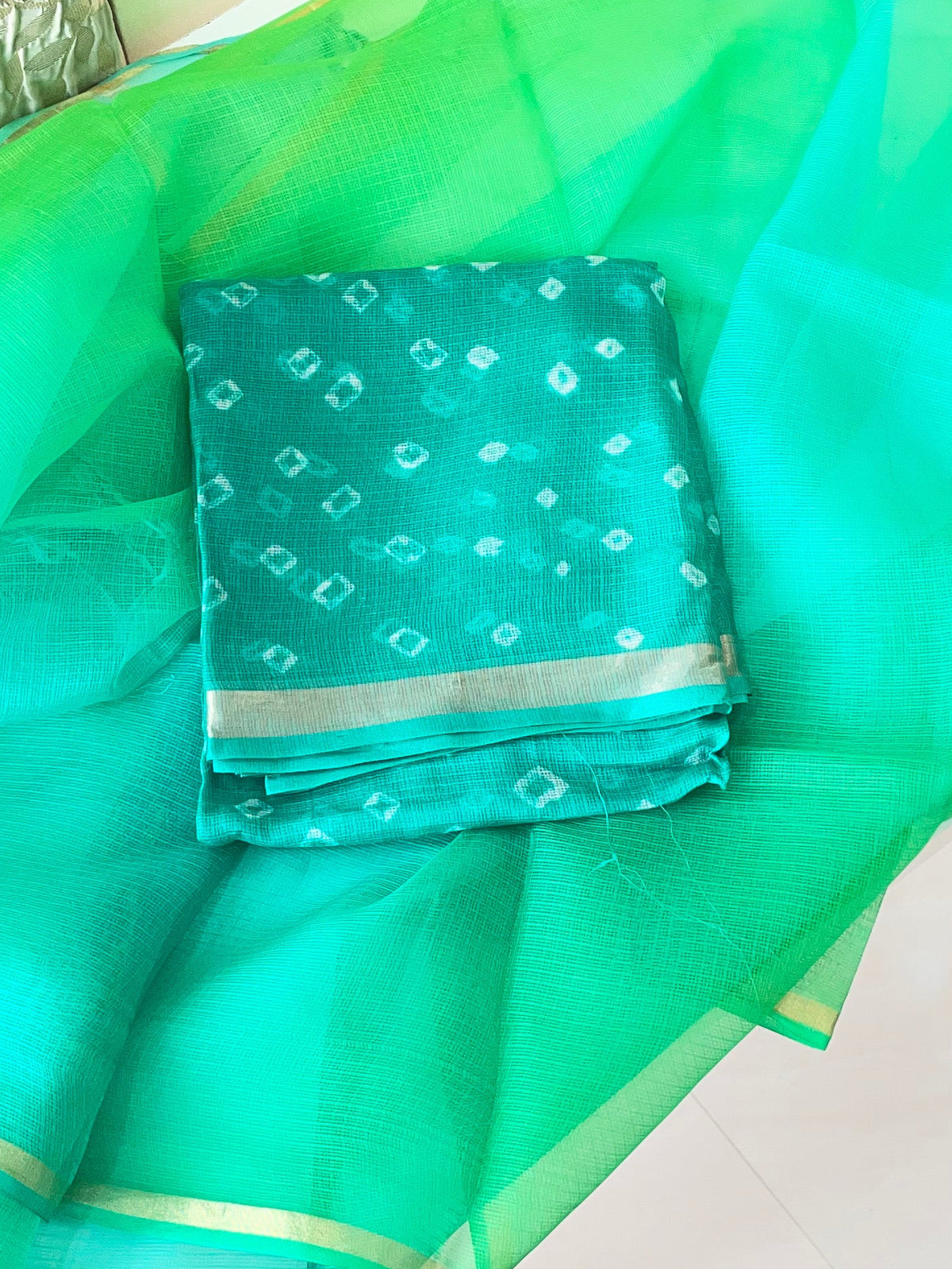 Komala – Emerald Green & Aqua Pure Silk Kota Bandhani Set with Ombré Dupatta