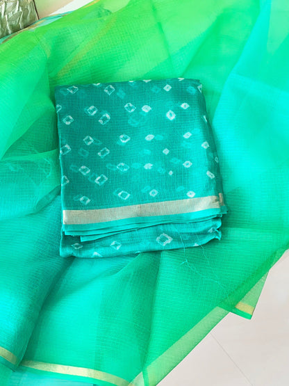 Komala – Emerald Green & Aqua Pure Silk Kota Bandhani Set with Ombré Dupatta