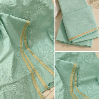 Chandrakala – Seafoam Green Mul Chanderi Appliqué Unstitched Suit Set
