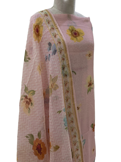 Mallepuvvu – Blush Pink Floral Printed Mulmul Unstitched Suit Set