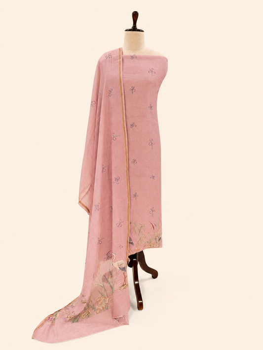 Mallepuvvu Dusty Rose Pink printed mulmul unstitched suit set by Aura