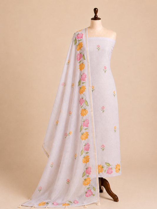 Chandrakala Lavender Grey printed Chanderi unstitched suit set by Aura
