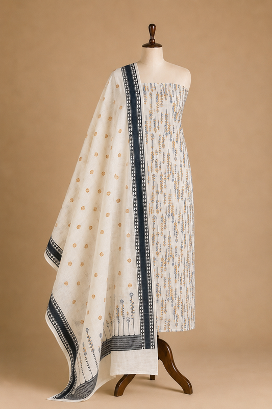 Chandrakala Ivory and Black Chanderi cotton unstitched suit set by Aura
