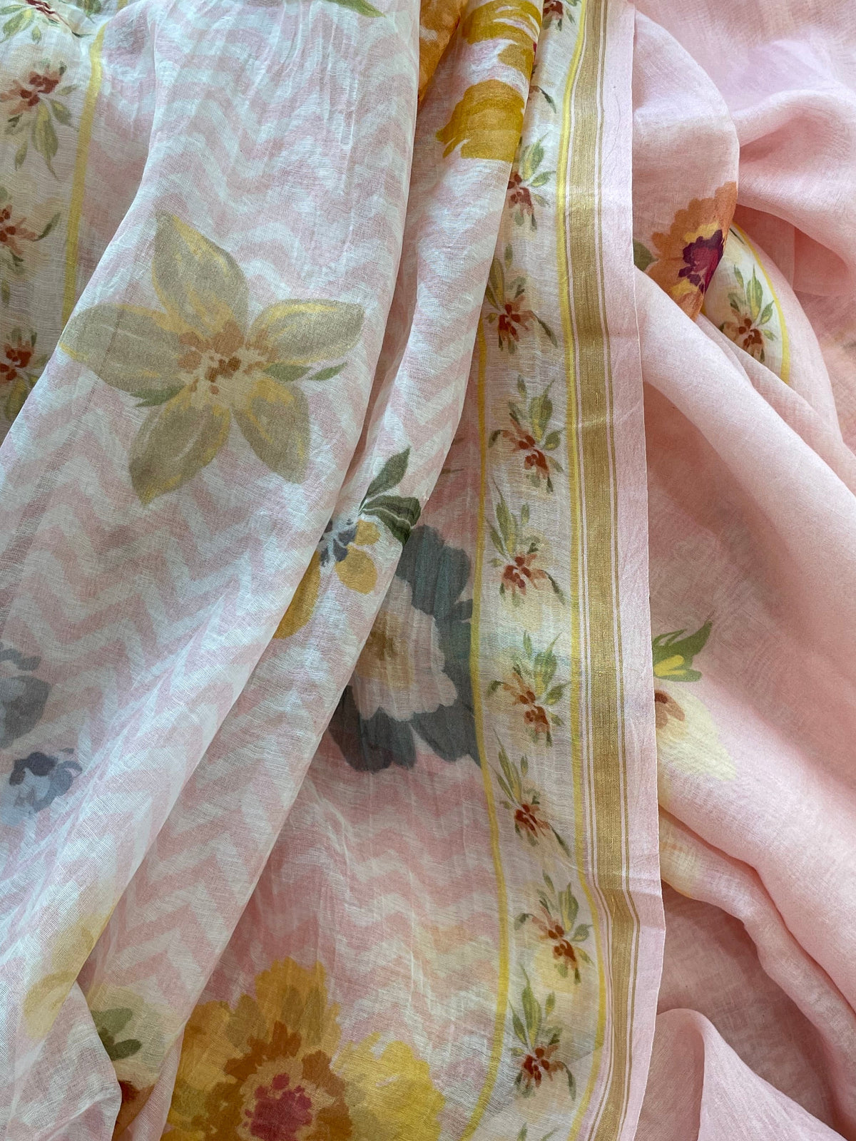Mallepuvvu – Blush Pink Floral Printed Mulmul Unstitched Suit Set