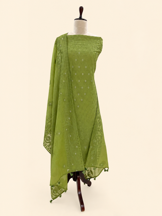 Mallepuvvu Olive Green mulmul unstitched suit set by Aura