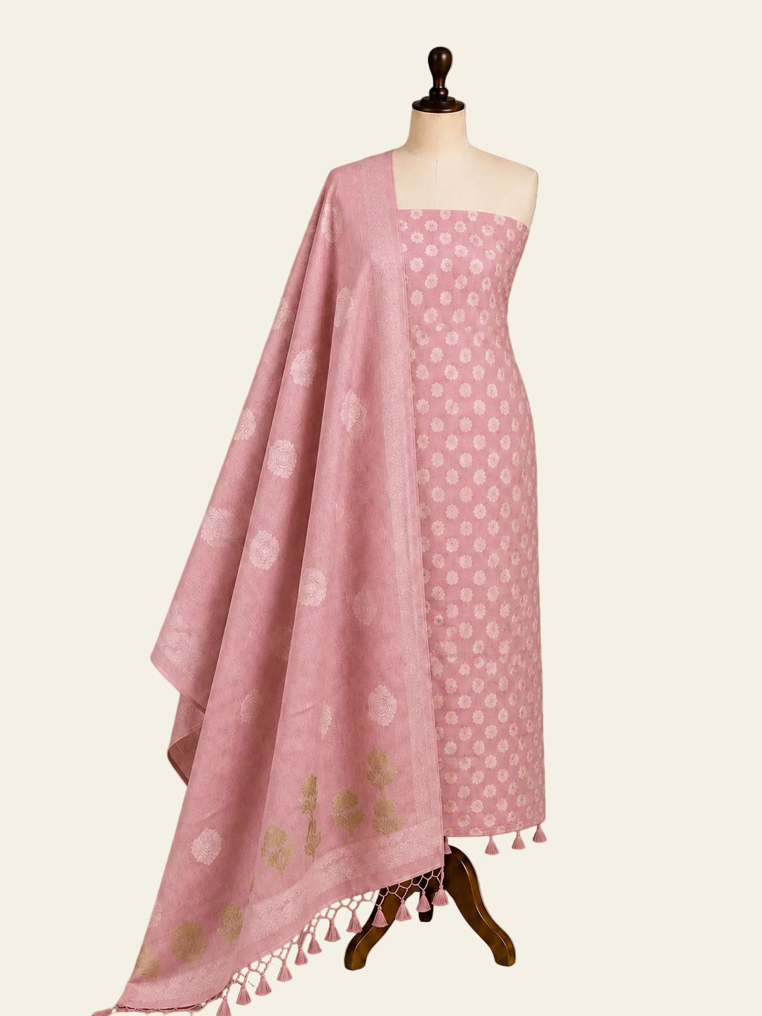 Chandrakala Onion Pink Banaras Mul cotton unstitched suit set by Aura