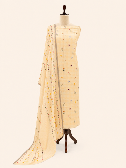 Lila Soft Yellow floral linen unstitched suit set by Aura