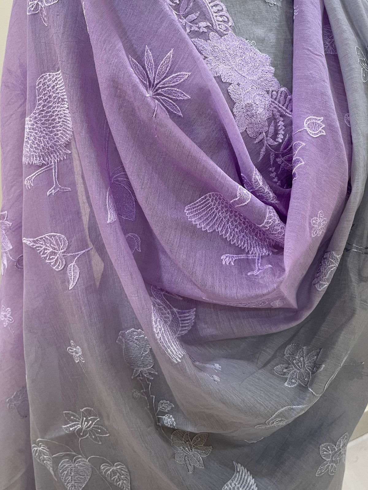 Mallepuvvu – Dove Grey & Lilac Mulmul Unstitched Suit Set