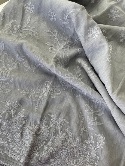 Mallepuvvu – Dove Grey & Lilac Mulmul Unstitched Suit Set