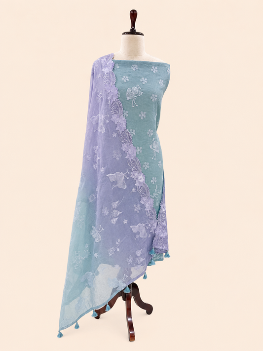 Mallepuvvu Powder Blue and Lilac mulmul unstitched suit set by Aura