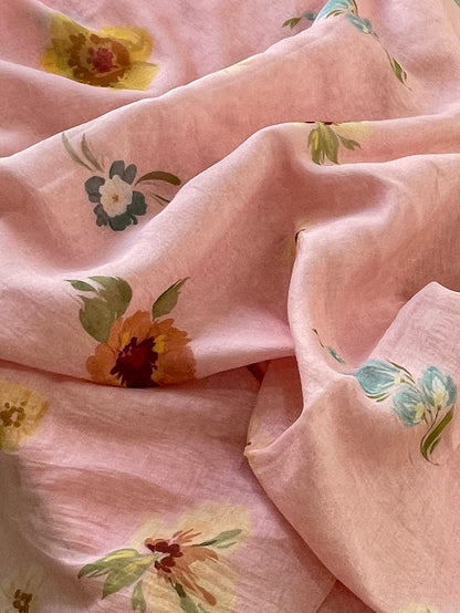 Mallepuvvu – Blush Pink Floral Printed Mulmul Unstitched Suit Set