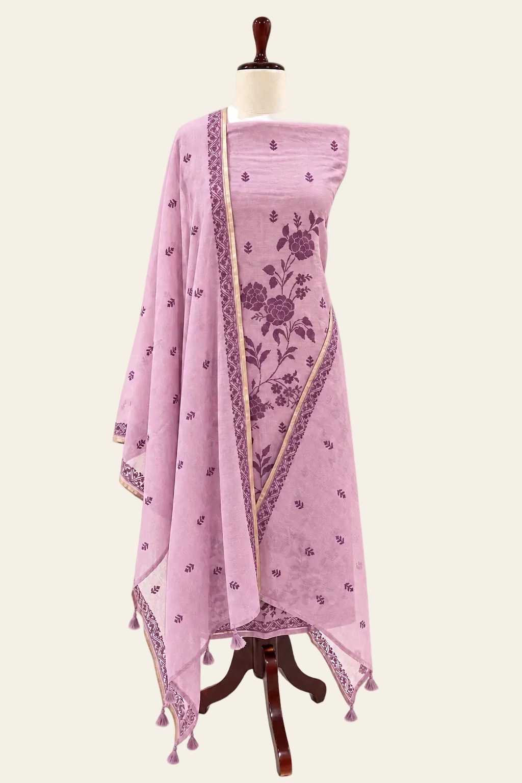 Mallepuvvu Dusty Pink and Plum mulmul unstitched suit set by Aura