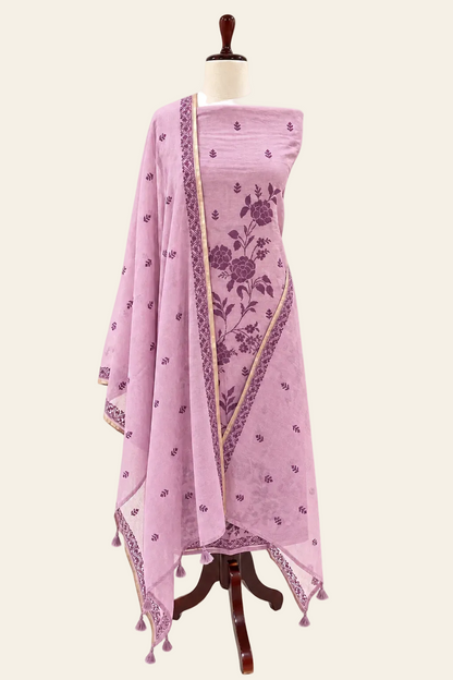 Mallepuvvu Dusty Pink and Plum mulmul unstitched suit set by Aura
