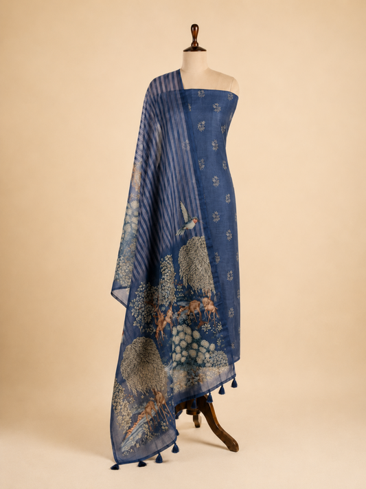 Vanantara Steel Blue pure organza unstitched suit set by Aura