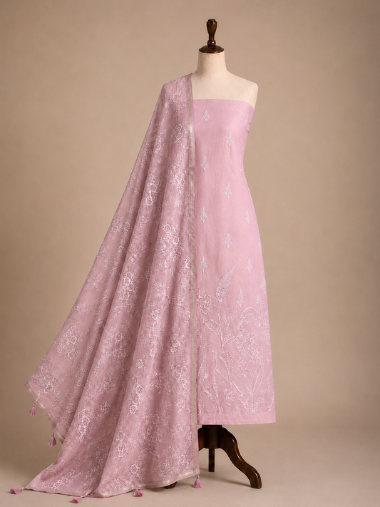 Chandrakala Blush Petal embroidered Mul Chanderi unstitched suit set by Aura