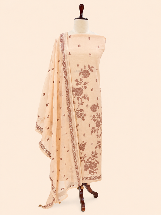 Mallepuvvu Ivory and Mocha Brown mulmul unstitched suit set by Aura