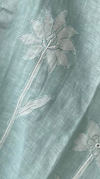 Lila — Seafoam Green Linen Appliqué Unstitched Suit Set