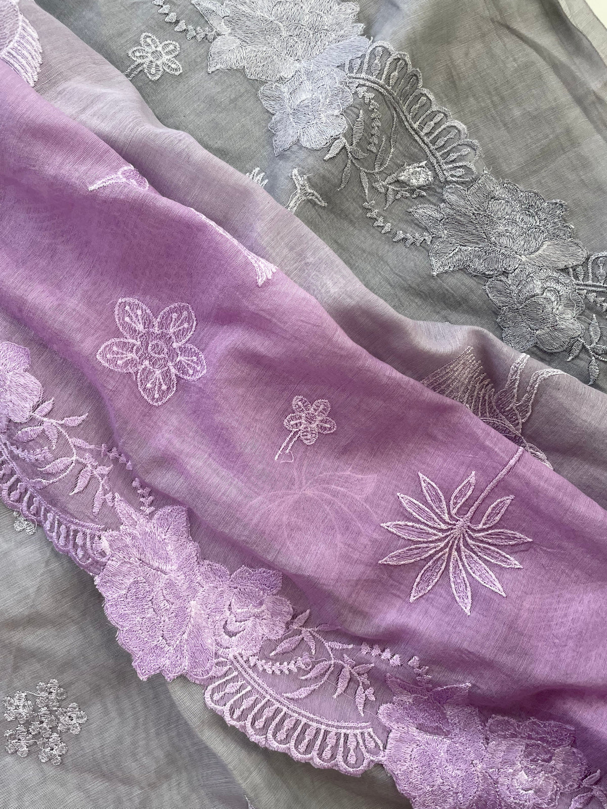 Mallepuvvu – Dove Grey & Lilac Mulmul Unstitched Suit Set