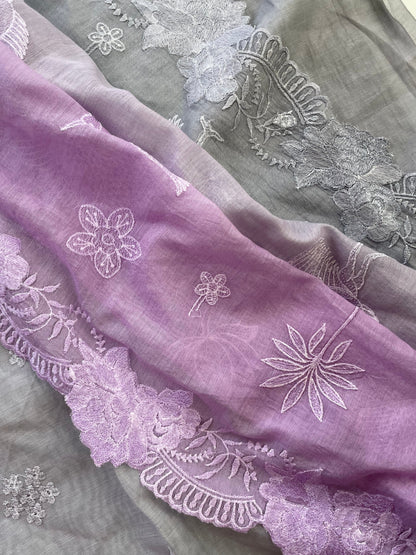 Mallepuvvu – Dove Grey & Lilac Mulmul Unstitched Suit Set