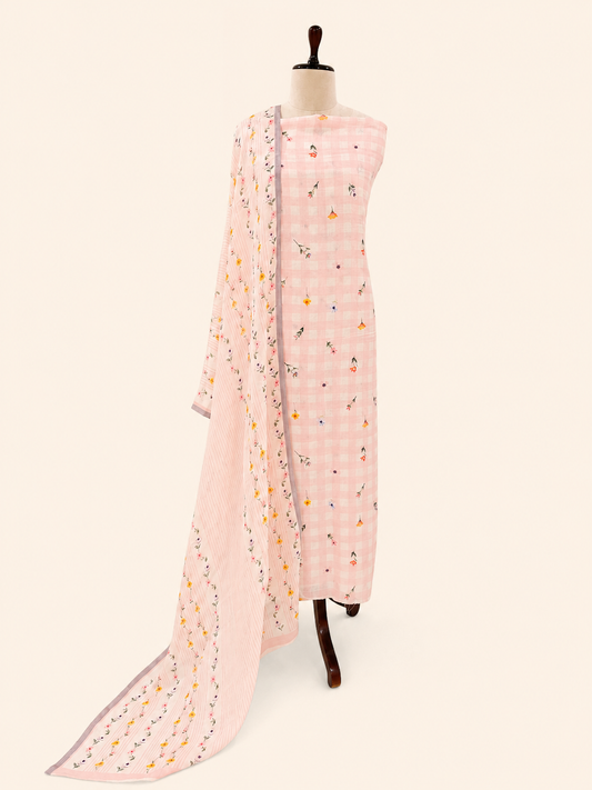 Lila Soft Pink floral linen unstitched suit set by Aura